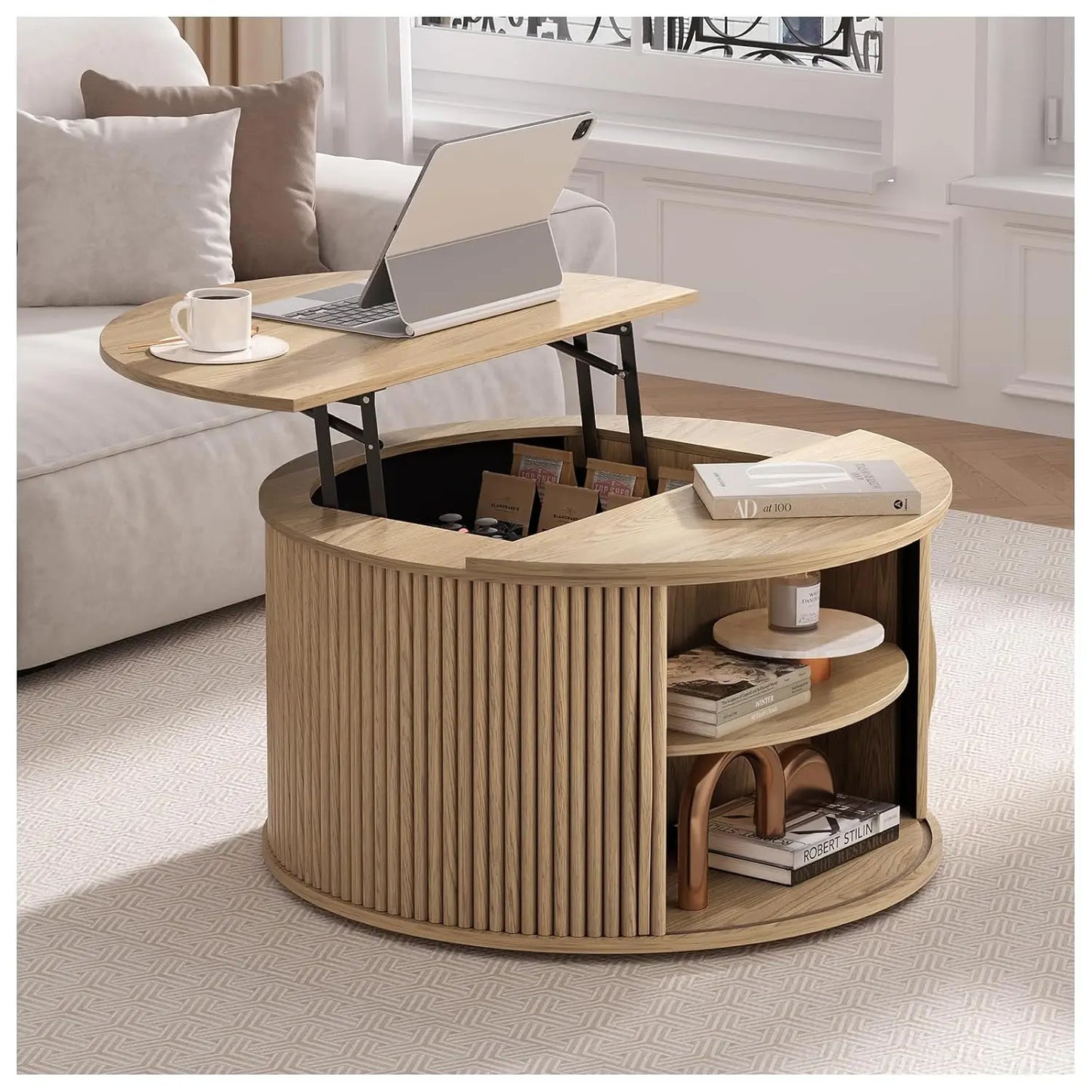 Round Coffee Table with Storage, 31.5" Fluted Center Table for Living Room, Modern Walnut Wood Circle Drum Table, Customized
