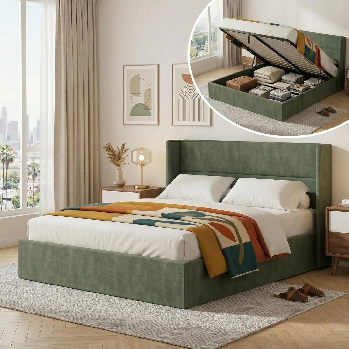 Lift Up Storage Bed Frame With Hydraulic Wingback Headboard