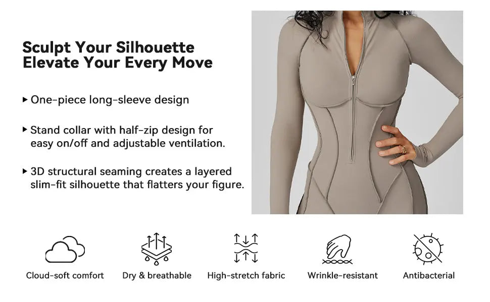 Zip Front Long Sleeve Yoga Jumpsuit For Women, Tummy Control