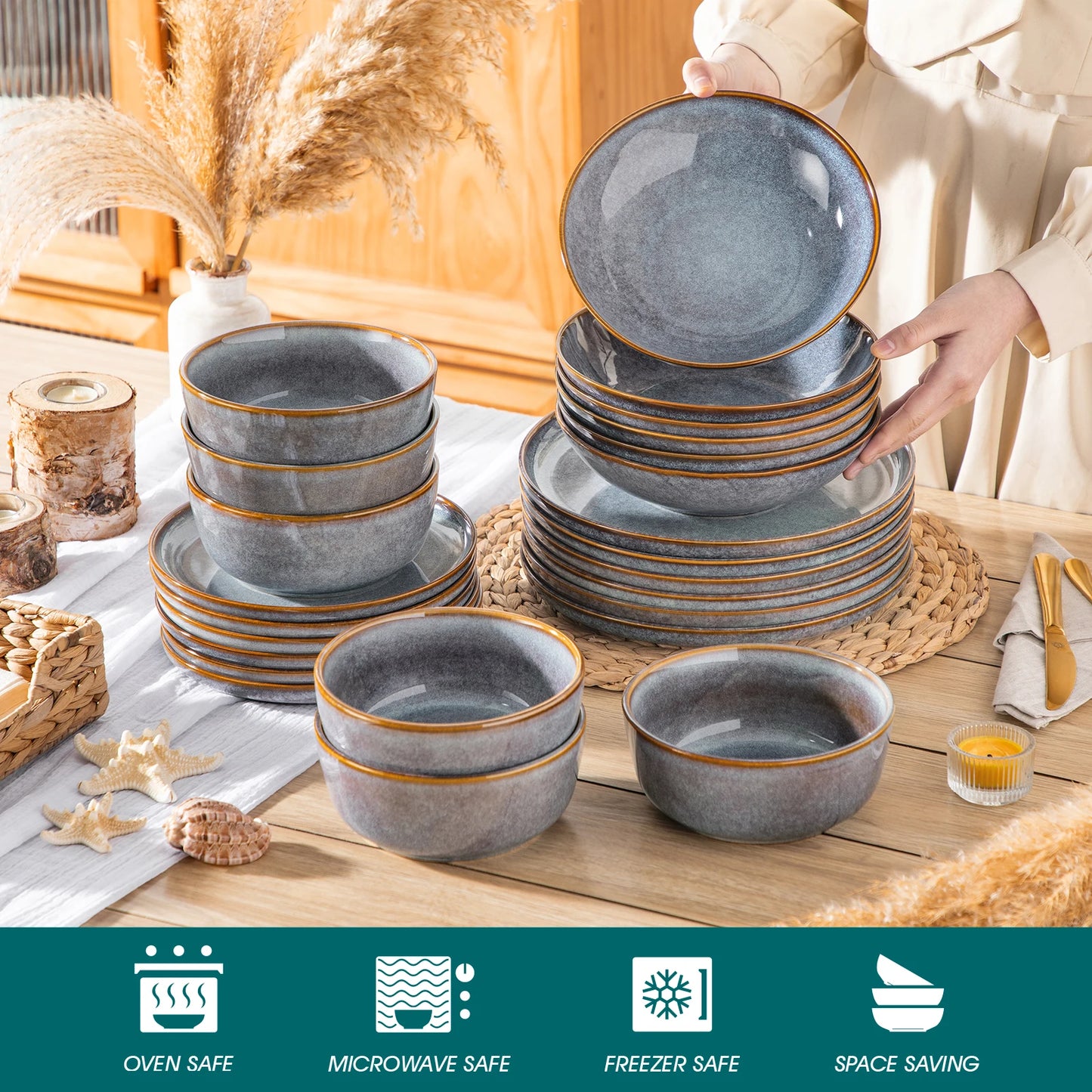 MALACASA Reactive Stoneware Dinnerware Set with Plates and Bowls