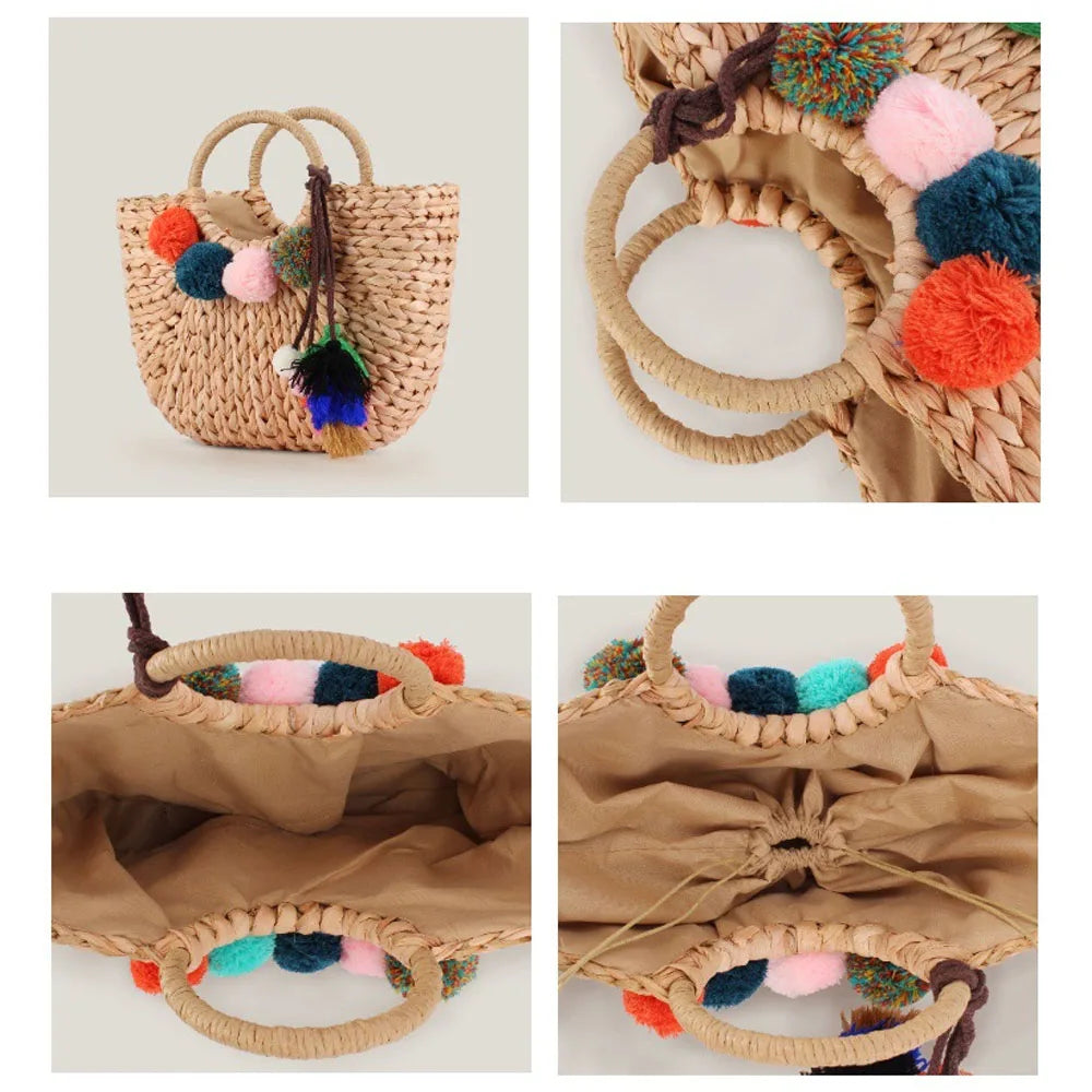 Women Straw Beach Bag Half Round Rattan Tote Handwoven