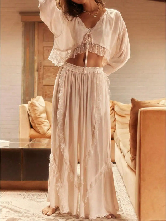 Lace Trim Two Piece Lounge Set With Long Sleeve Crop Top And Wide Leg Pants