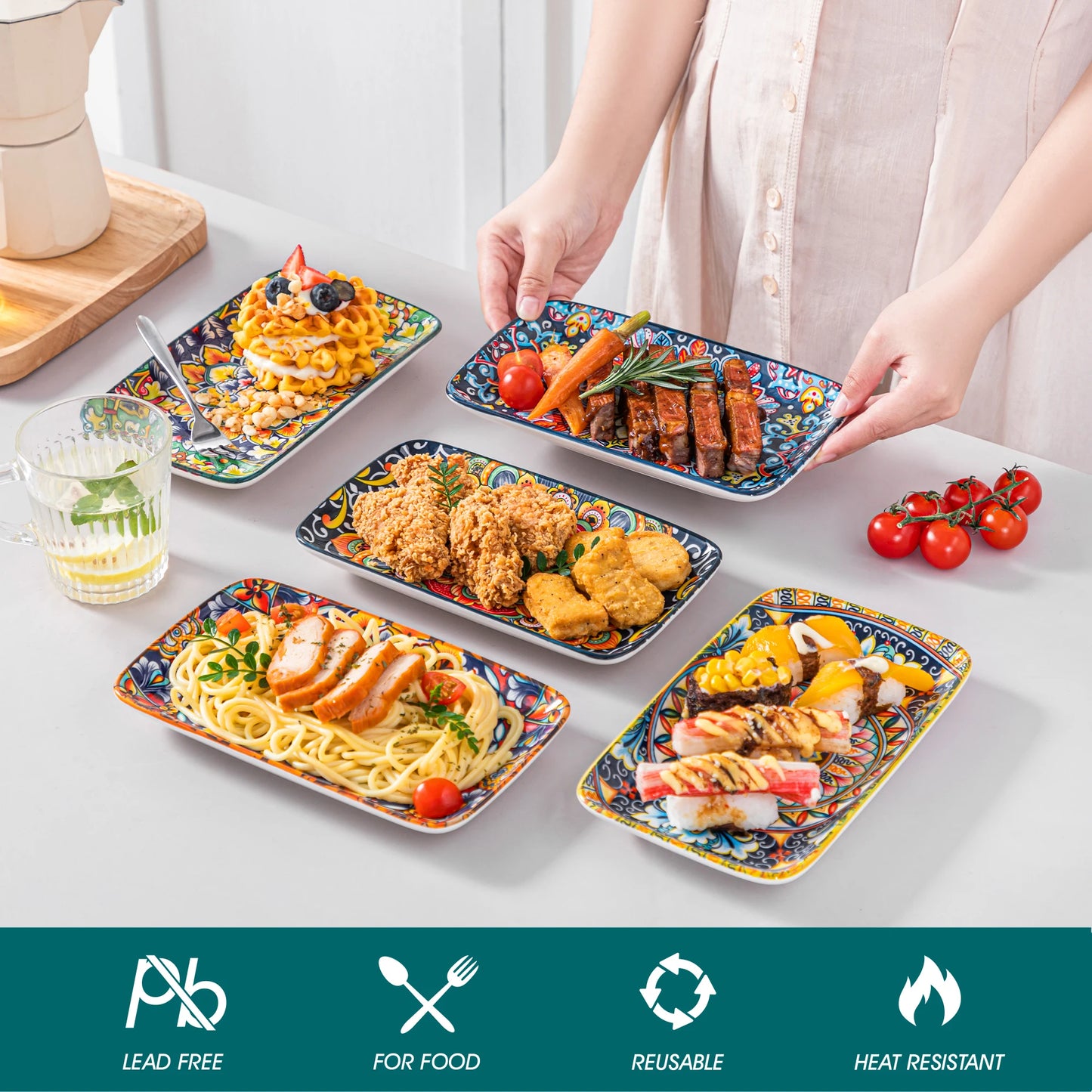 MALACASA Rectangular Porcelain Serving Plates Bohemian Set