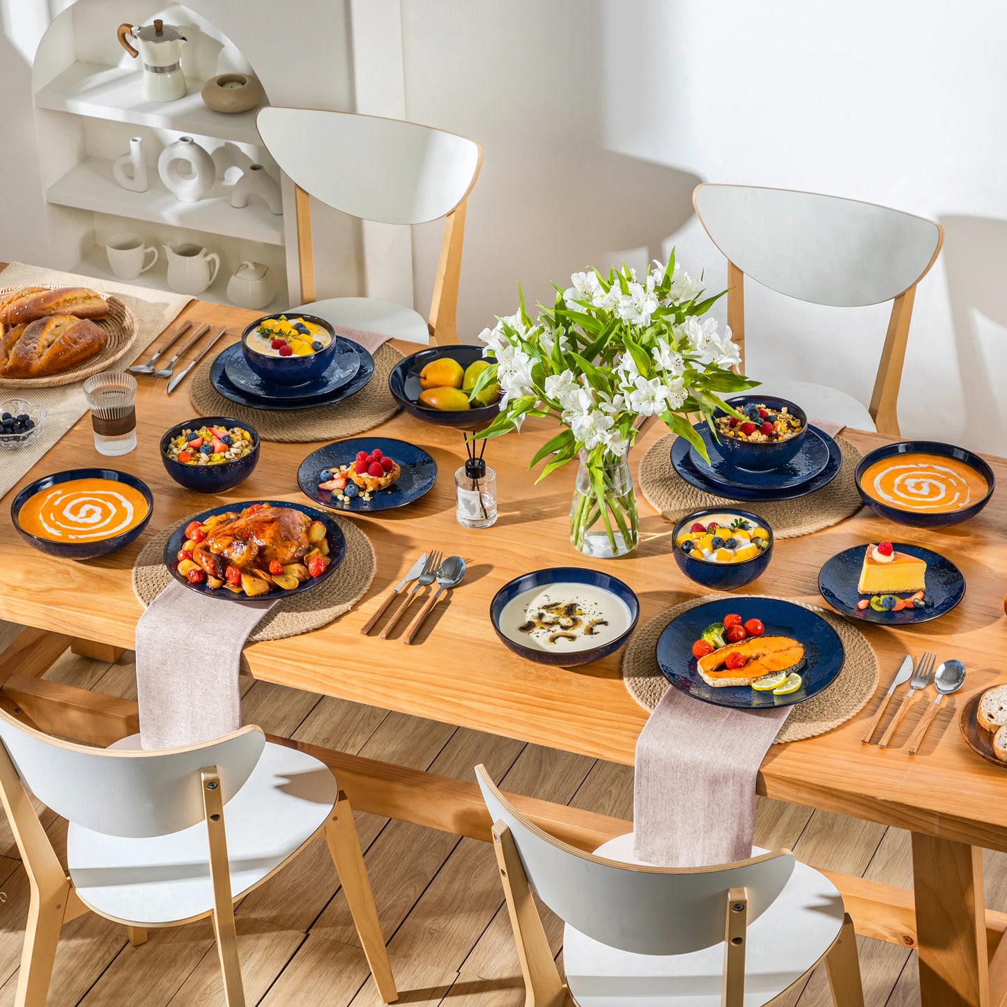 MALACASA Lydia Stoneware Dinner Set Embossed Dinnerware