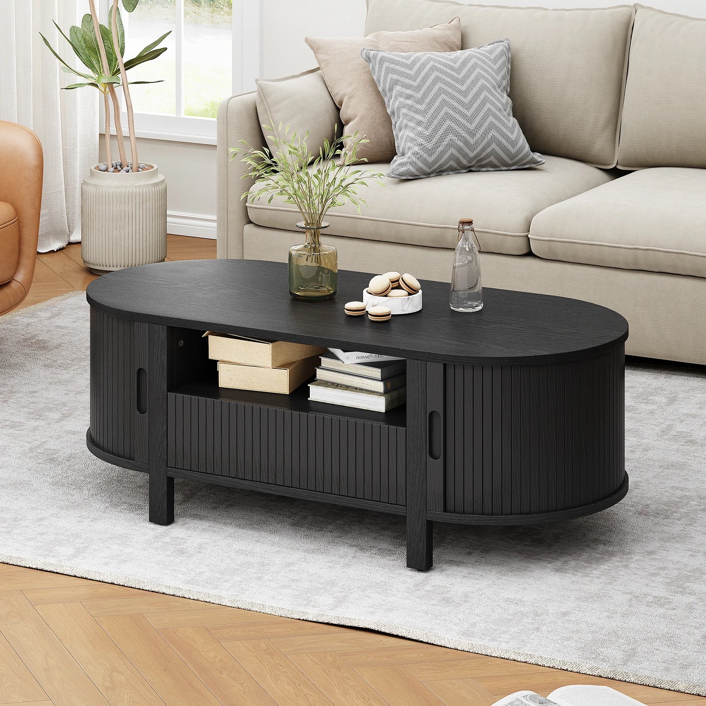 Oval Coffee Table With Cabinets And Sliding Doors Storage