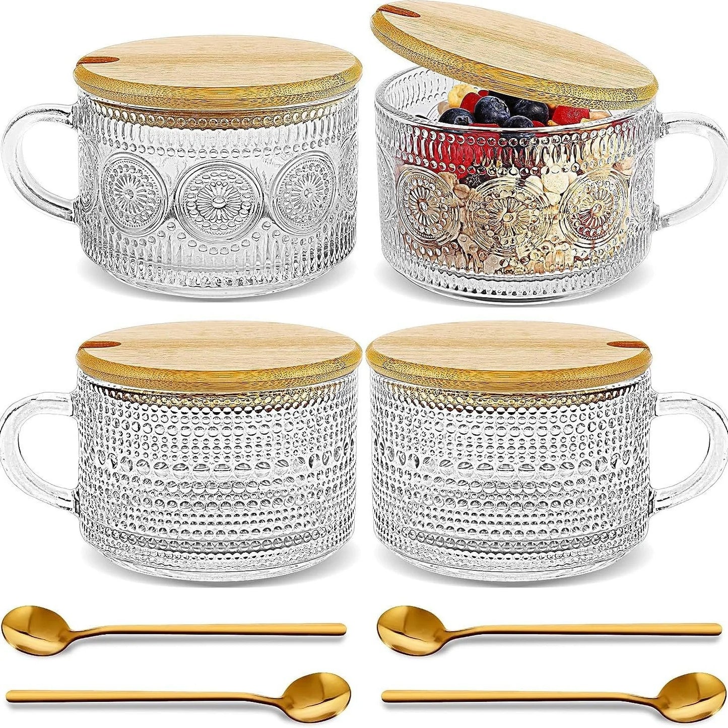 Glass Mugs With Embossed Pattern Bamboo Lids Gold Spoons