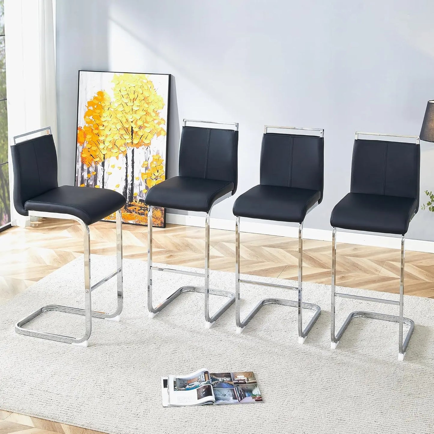 Bar Stools Set of 4,Gold Bar Stools with Back,25" White Island Chairs with Gold Plated Metal Leg,Faux, Customized