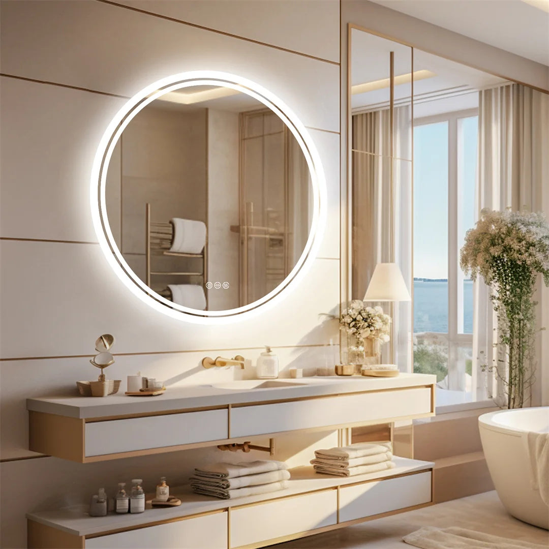 LUVODI Round Bathroom Mirror With Touch Screen LED Anti-Fog