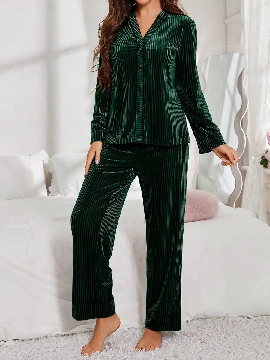 Velvet Long Sleeve Pajama Set With Ribbed Texture