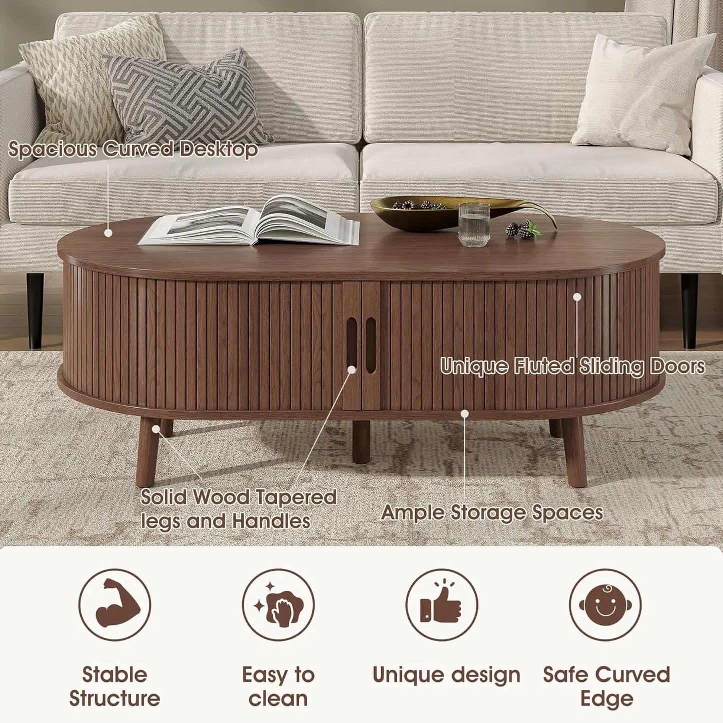 Mid Century Oval Coffee Table With Sliding Tambour Door