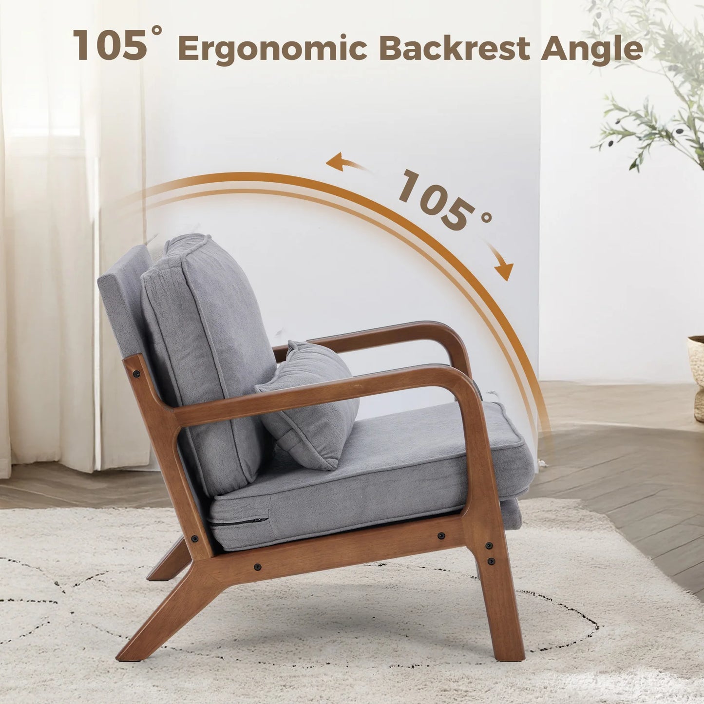 JHK Mid Century Modern Wooden Chair With Armrests And Cushion