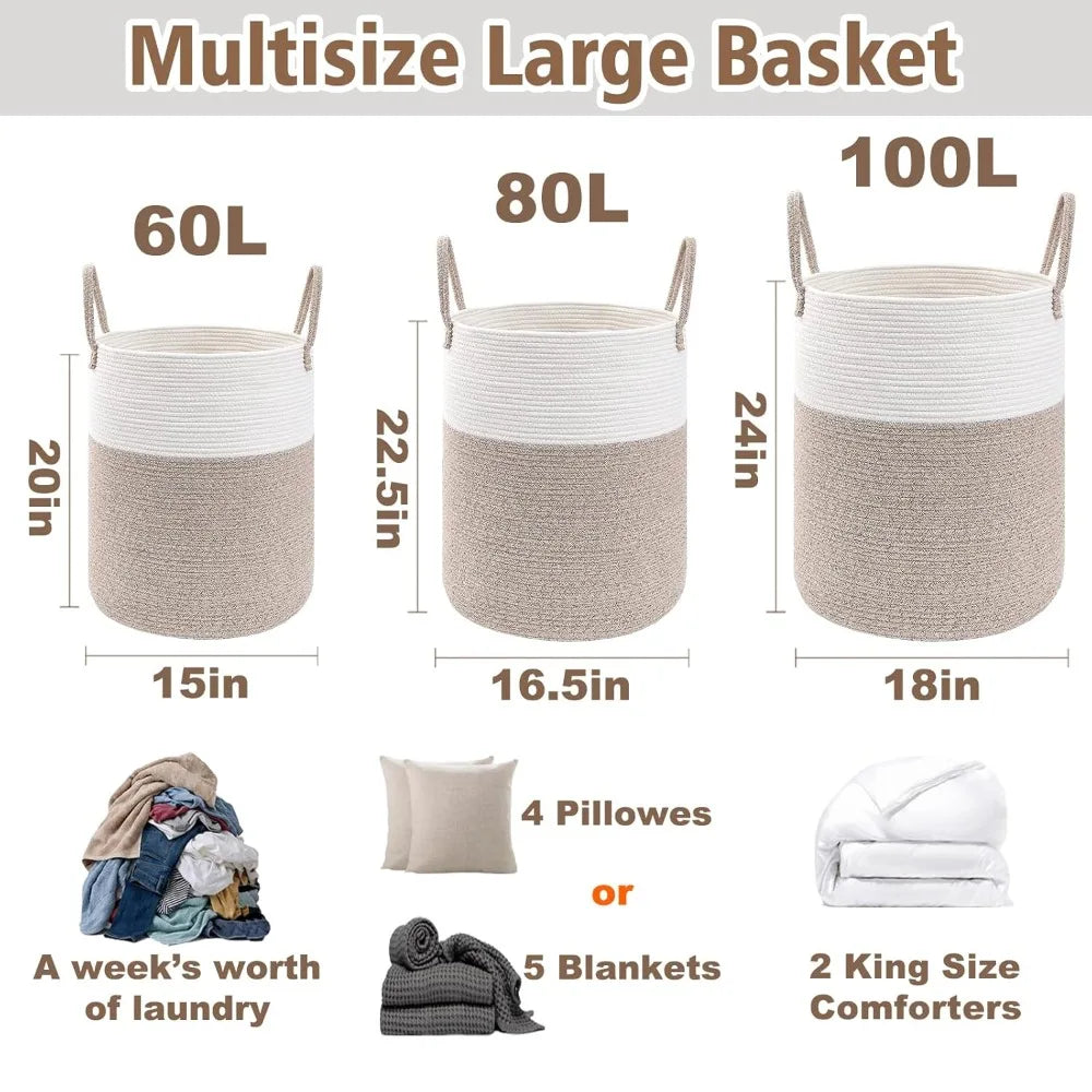 Woven Laundry Basket Hamper Cotton Rope Storage Bin