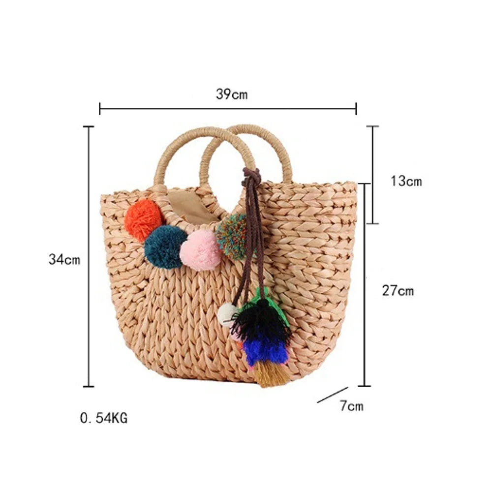 Women Straw Beach Bag Half Round Rattan Tote Handwoven