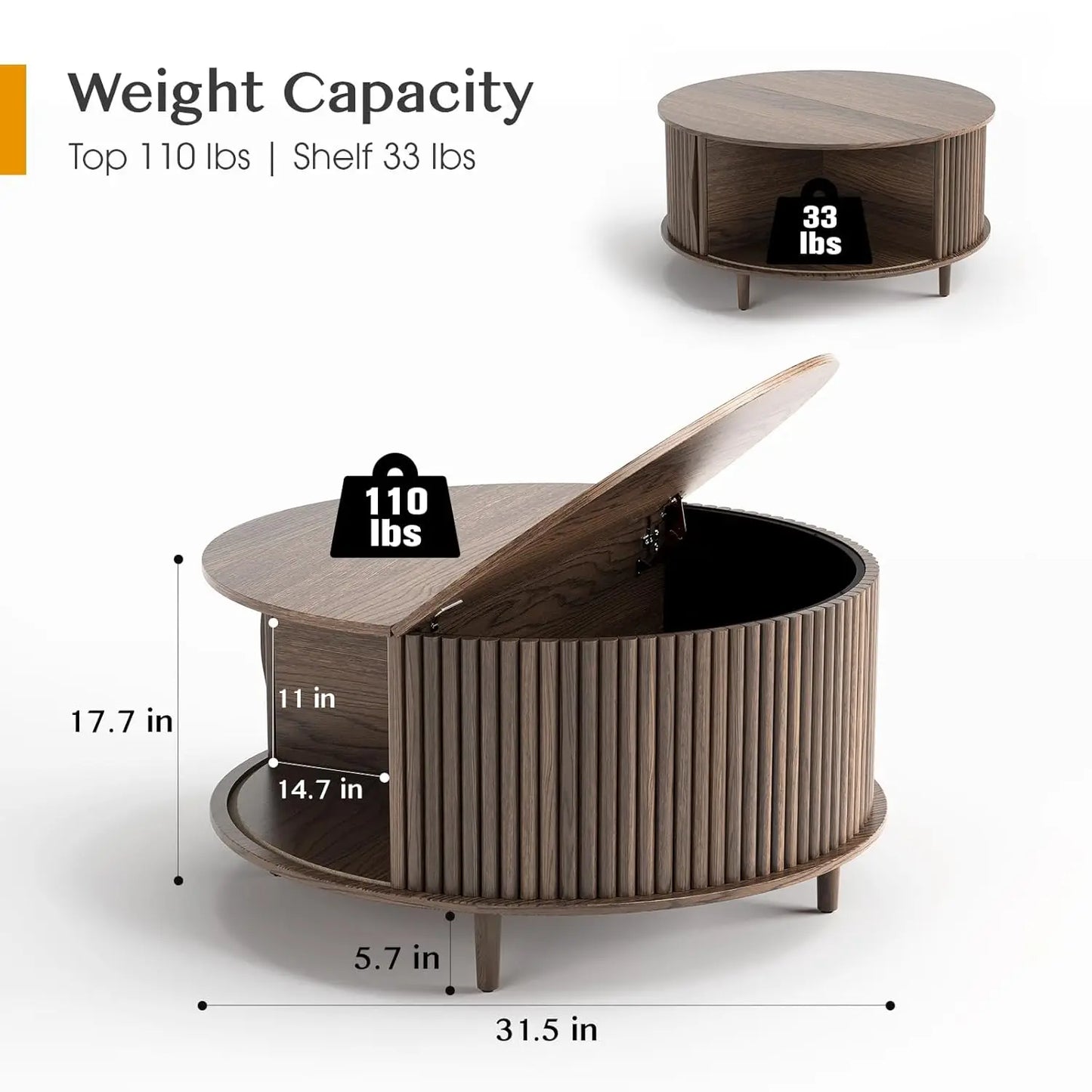 Round Coffee Table with Storage, 31.5" Fluted Center Table for Living Room, Modern Walnut Wood Circle Drum Table, Customized