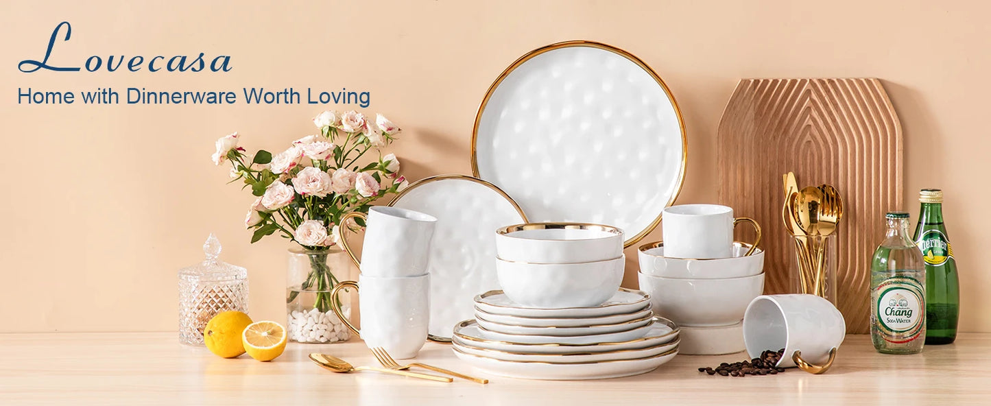 MALACASA White Stoneware Dinnerware Set With Gold Trim