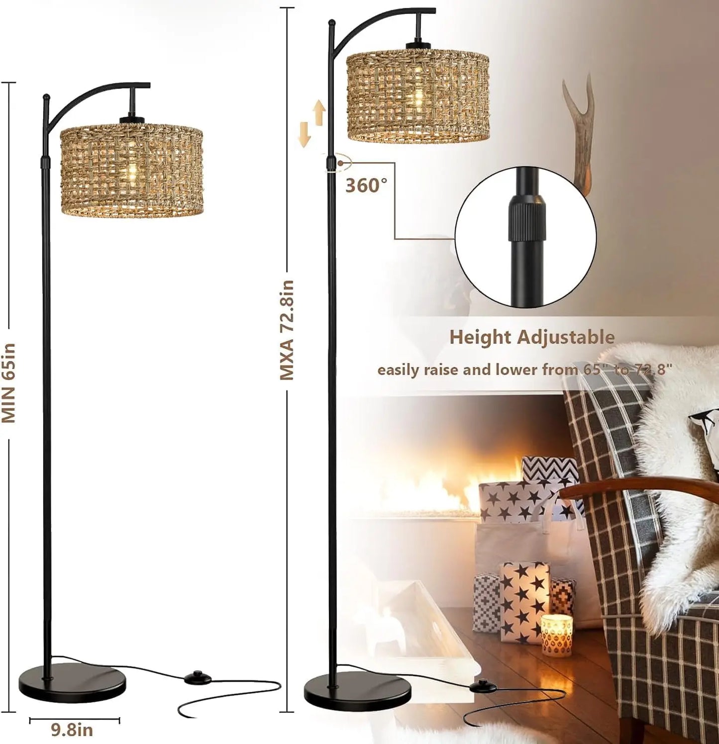 Remote Control Arc Floor Lamp with Adjustable Height and Color Temperature, Rattan Shade for Living Room Bedroom Office