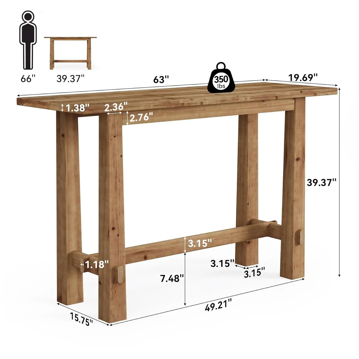 Solid Wood Bar Table, 63" Counter Height Pub Table for 4–6, Rustic Wooden High Top Dining Table for Kitchen & Home, Customized