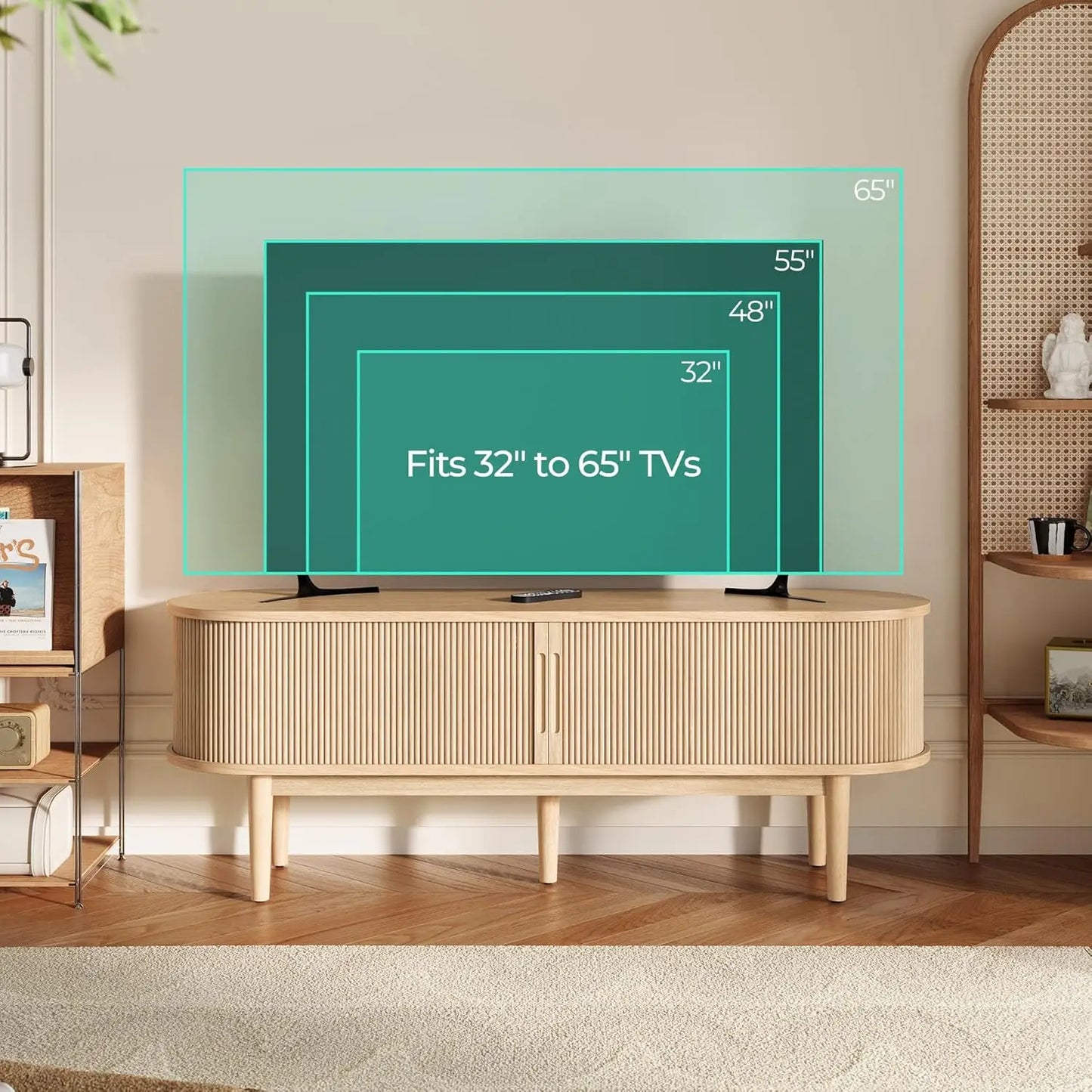 Mid Century Modern TV Stand with Sliding Tambour Door Oak Storage