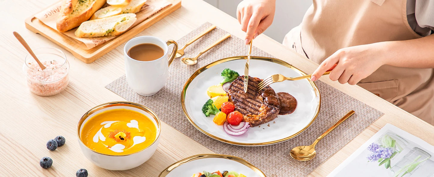 MALACASA White Stoneware Dinnerware Set With Gold Trim