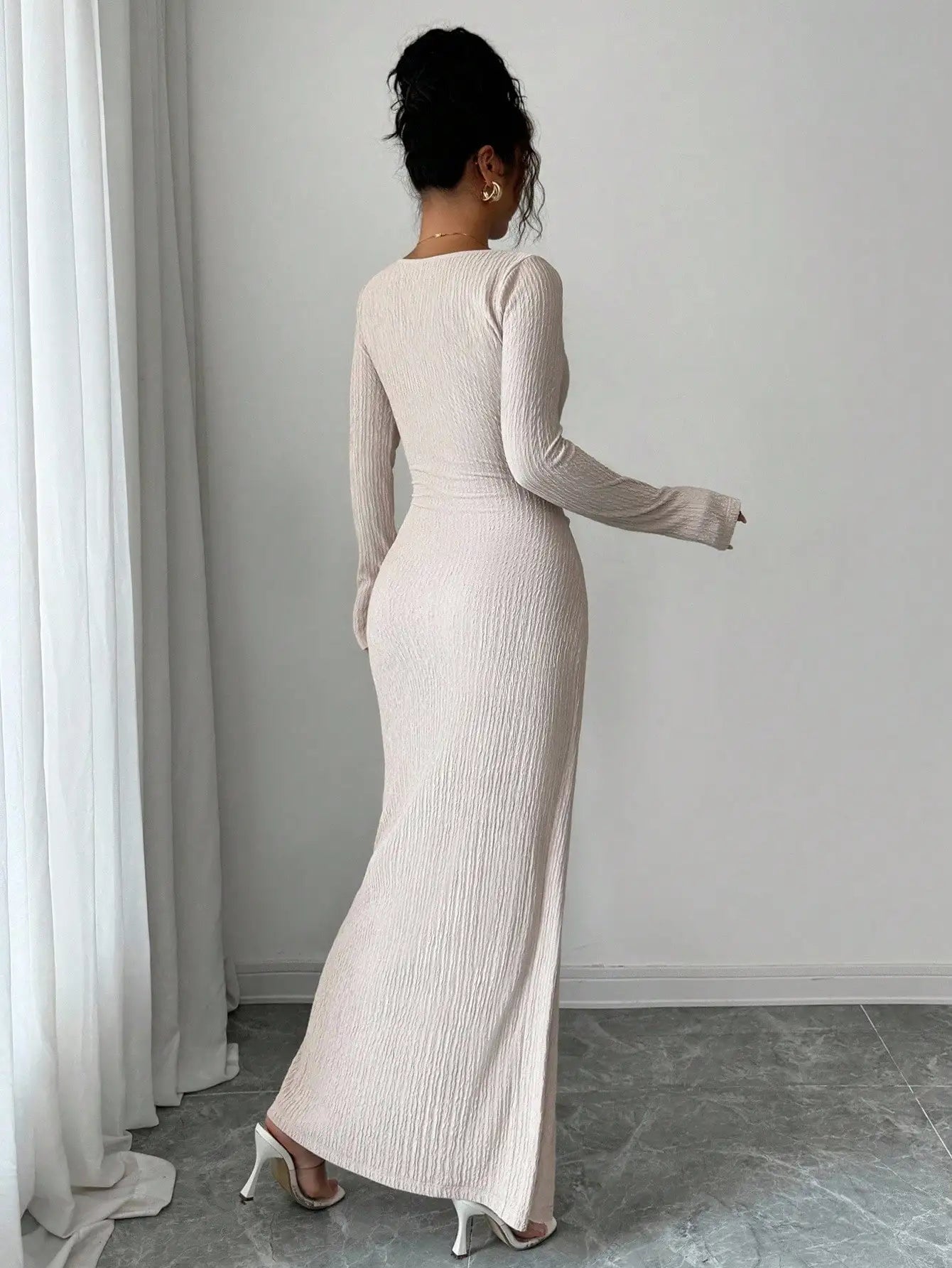 Asymmetrical Neck Knitted Bodycon Dress With Twist Waist Side Slit