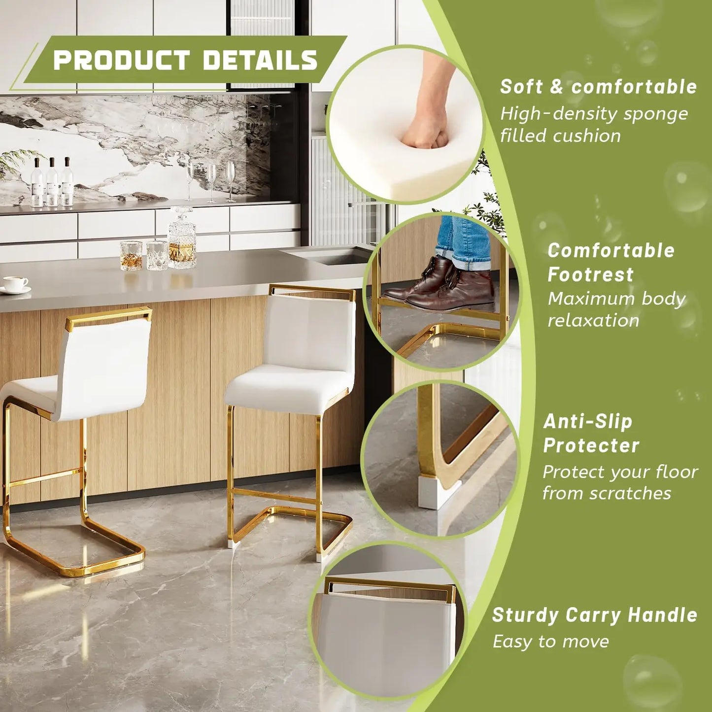 Bar Stools Set of 4,Gold Bar Stools with Back,25" White Island Chairs with Gold Plated Metal Leg,Faux, Customized
