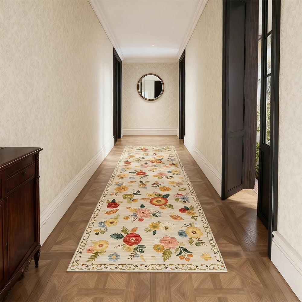Boho Kilim Floral Polyester Area Rug Machine Washable Low Pile