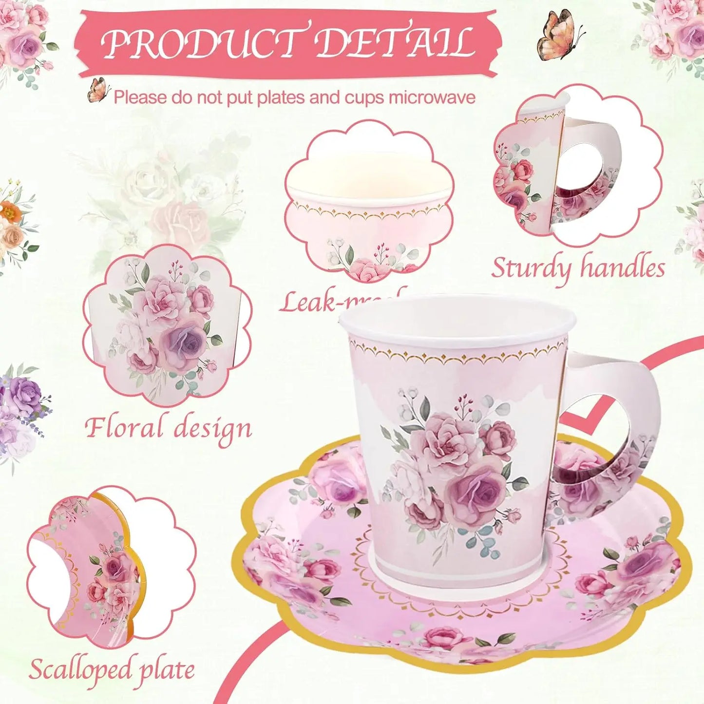 Floral Disposable Tea Cup Set With Handles And Saucers