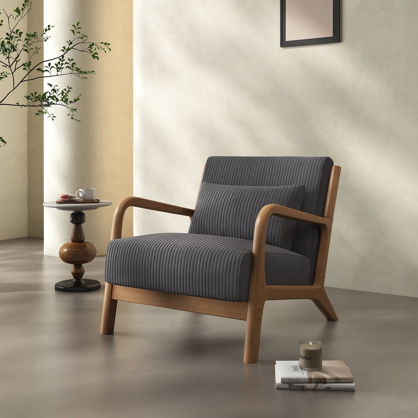 QWC Mid Century Modern Accent Chair With Fabric Wood Frame