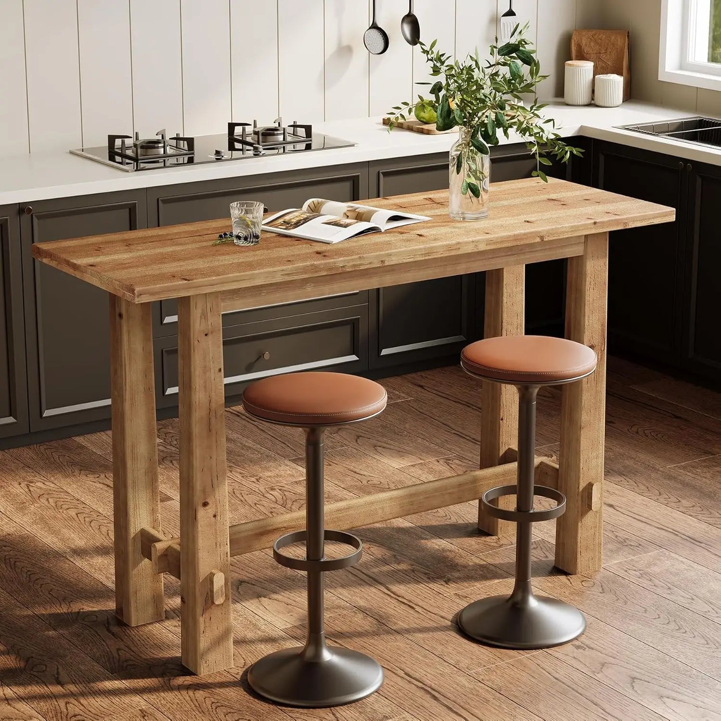 Solid Wood Bar Table, 63" Counter Height Pub Table for 4–6, Rustic Wooden High Top Dining Table for Kitchen & Home, Customized