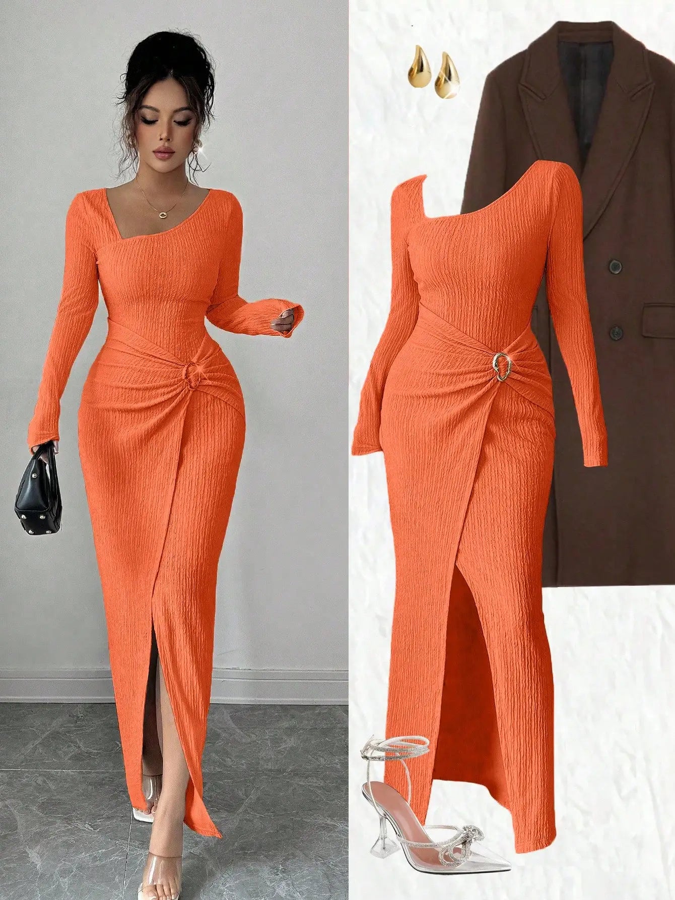 Asymmetrical Neck Knitted Bodycon Dress With Twist Waist Side Slit