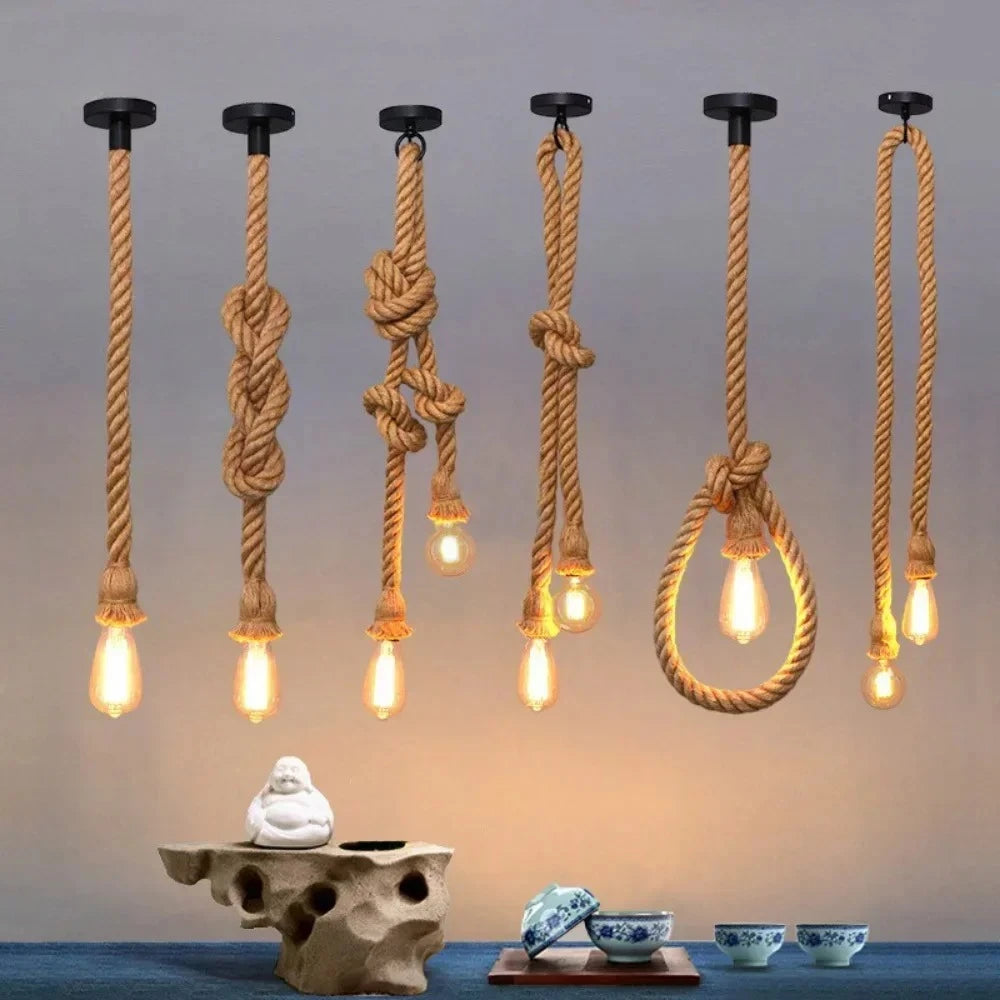 COOINJOY Industrial E27 Hemp Rope Pendant Lights