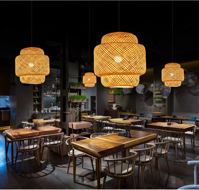 Molden Bamboo Lantern Pendant Light Natural Rattan E27 LED Chandeliers