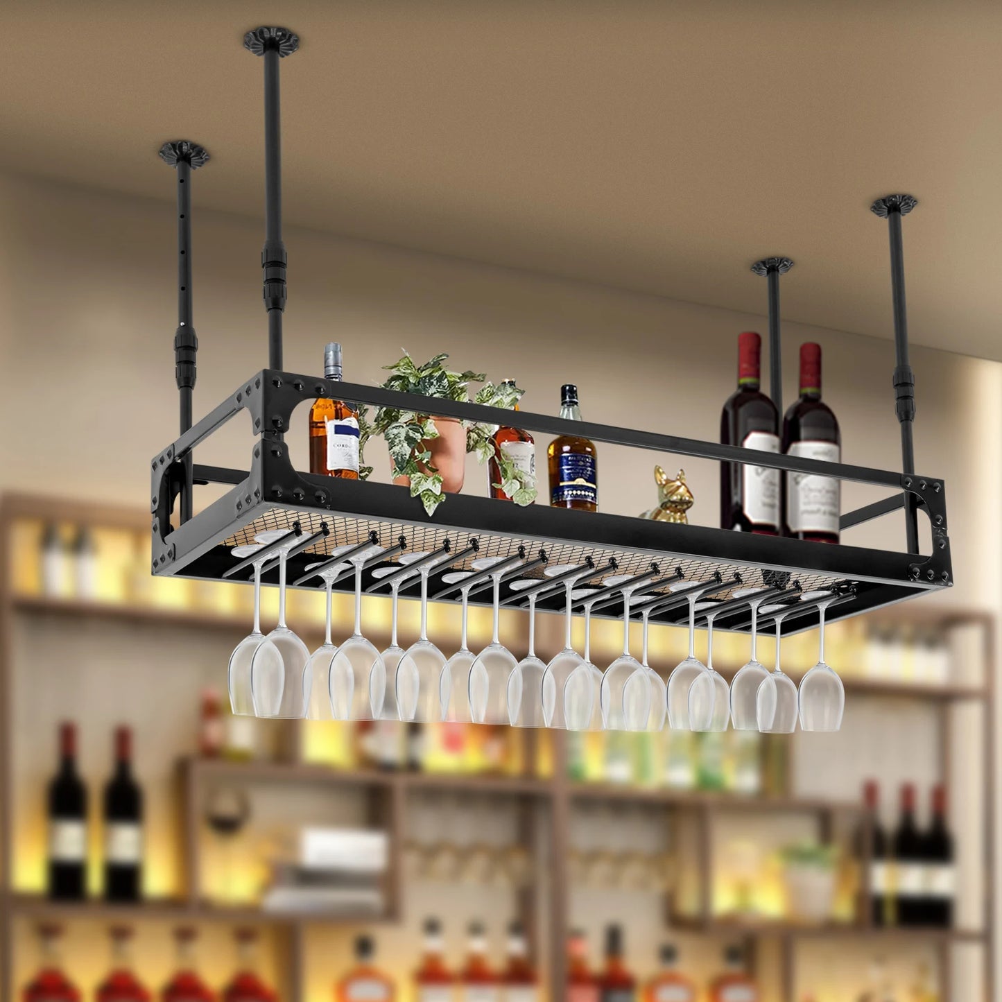 Metal Ceiling Mounted Hanging Wine Goblet Rack With Adjustable Height