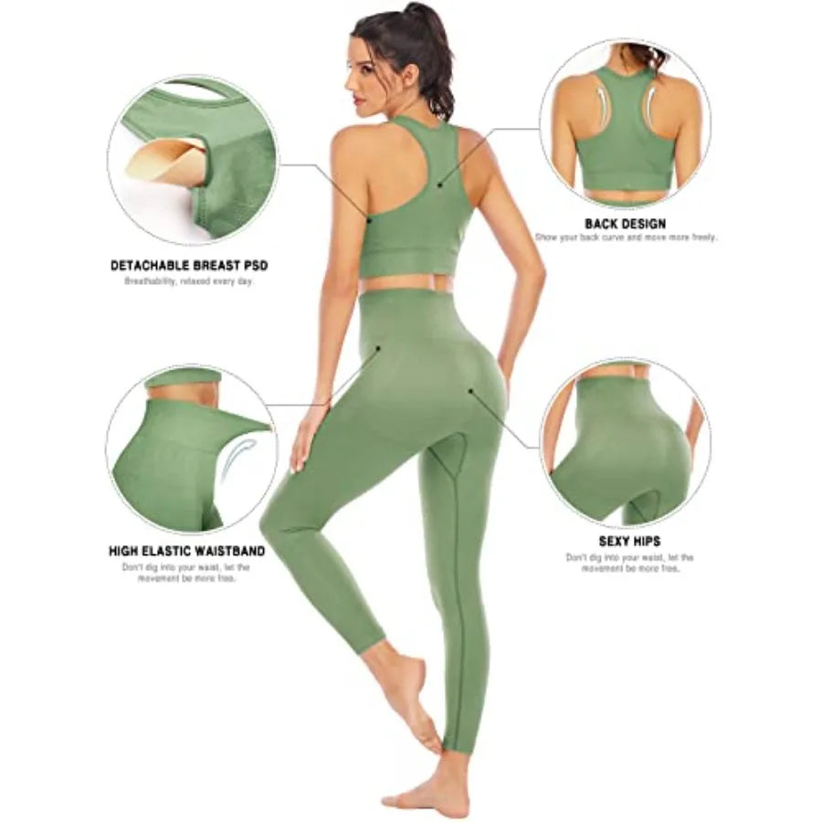Womens Workout Set Two Piece Padded Seamless Leggings Sports Bra