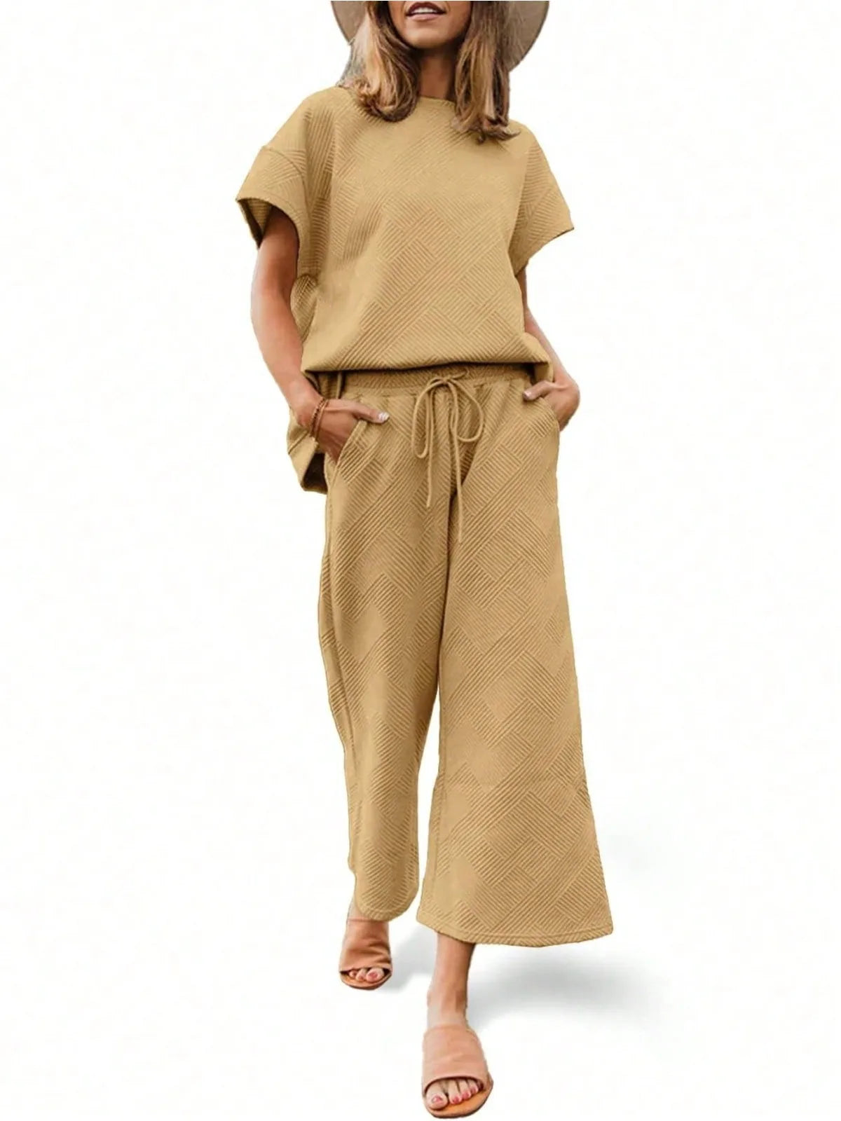 Fisoew Two Piece Sweat Set Luxury High Stretch Drawstring Waist