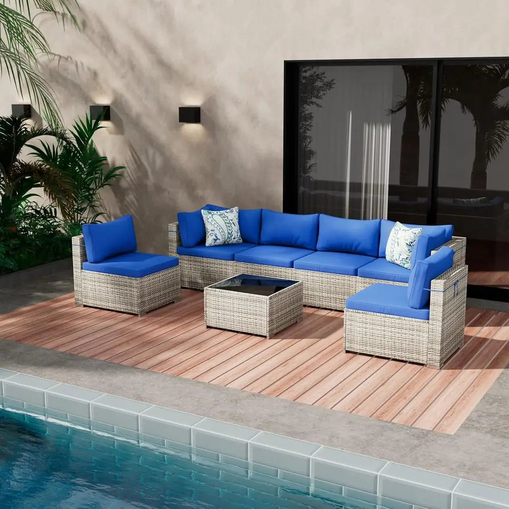 7-Piece Outdoor Wicker Sectional Sofa Set With Glass Table Weather-Resistant
