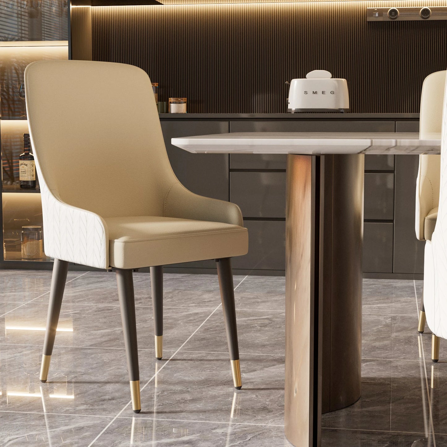Modern PU Leather Dining Chairs Set Of Two With Metal Legs Tufted Back