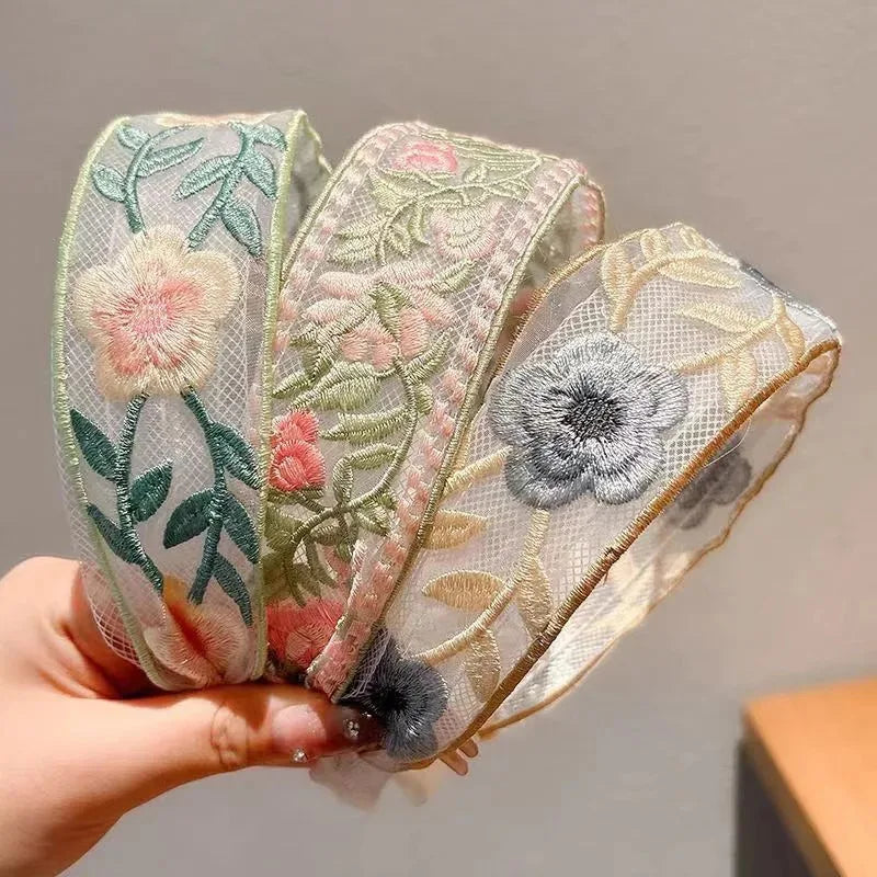 Elegant Chiffon Embroidered Flower Headband For Women Hair Accessories