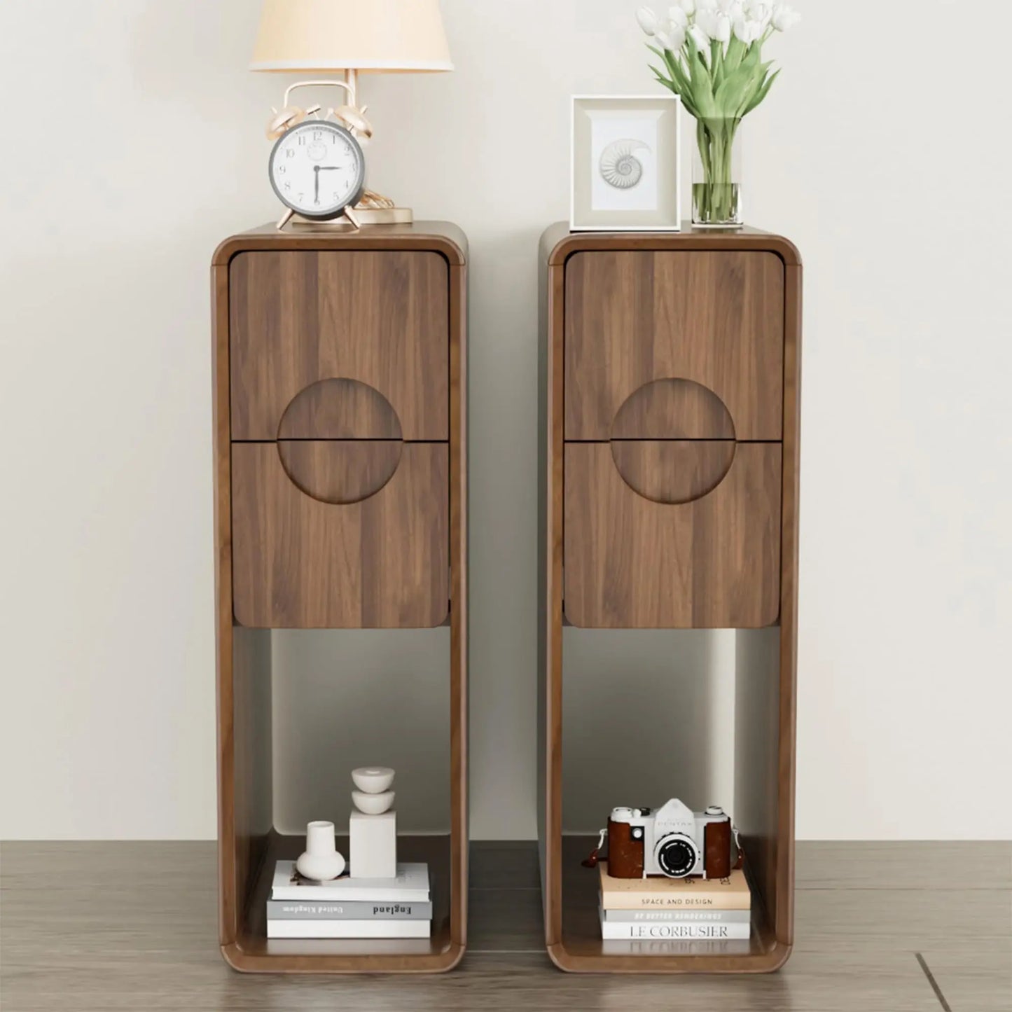 Narrow Fluted Wooden Nightstand With 2 Drawers Slim Bedside Cabinet
