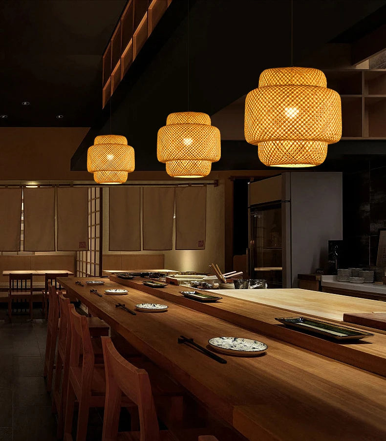 Molden Bamboo Lantern Pendant Light Natural Rattan E27 LED Chandeliers