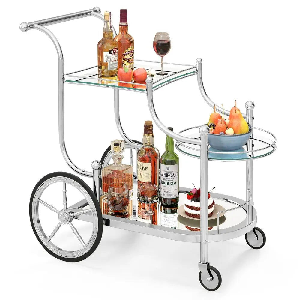 Glass Rolling Bar Cart With Mirrored Shelves And Wheels