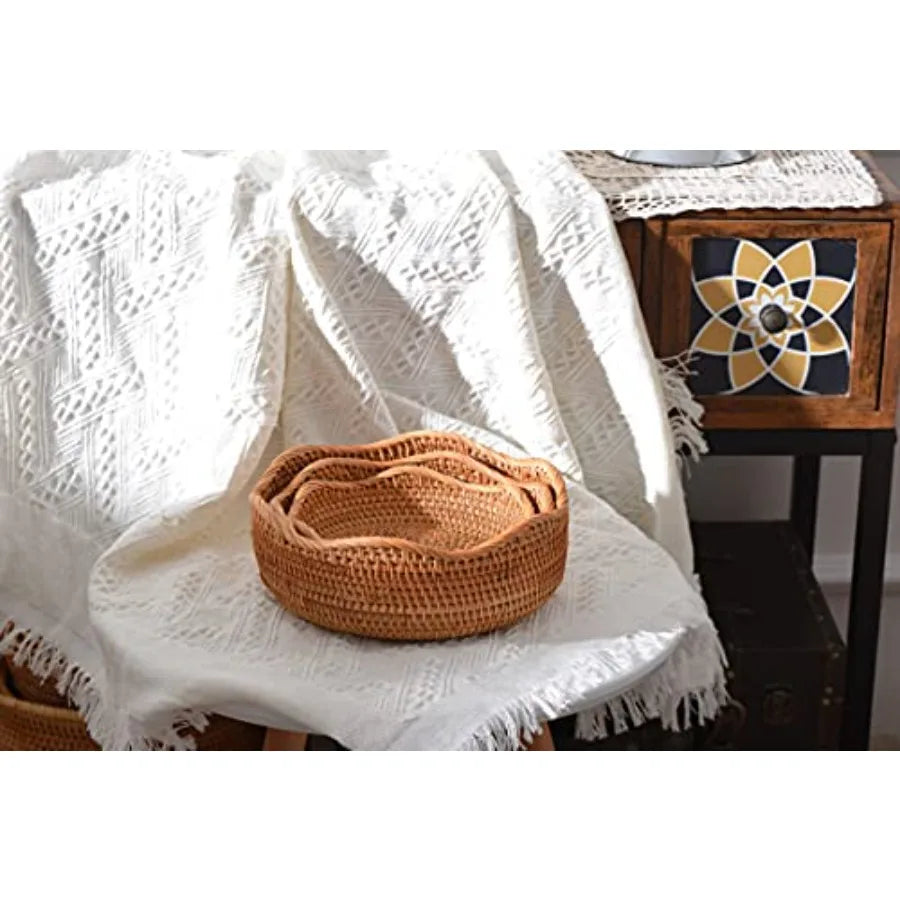 Natural Bamboo Rattan Storage Baskets Set Of 3 For Fruit