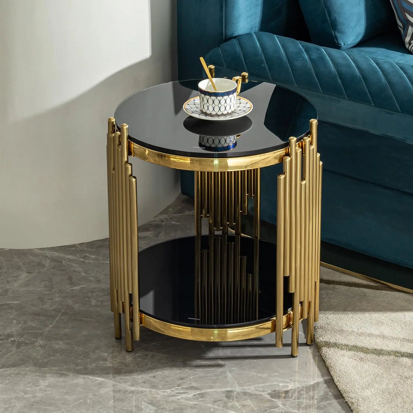 17.72" Round Sofa Side Table, 2-Tier Black Tempered Glass End Table with Gold Stainless Steel Frame for Living, Customized