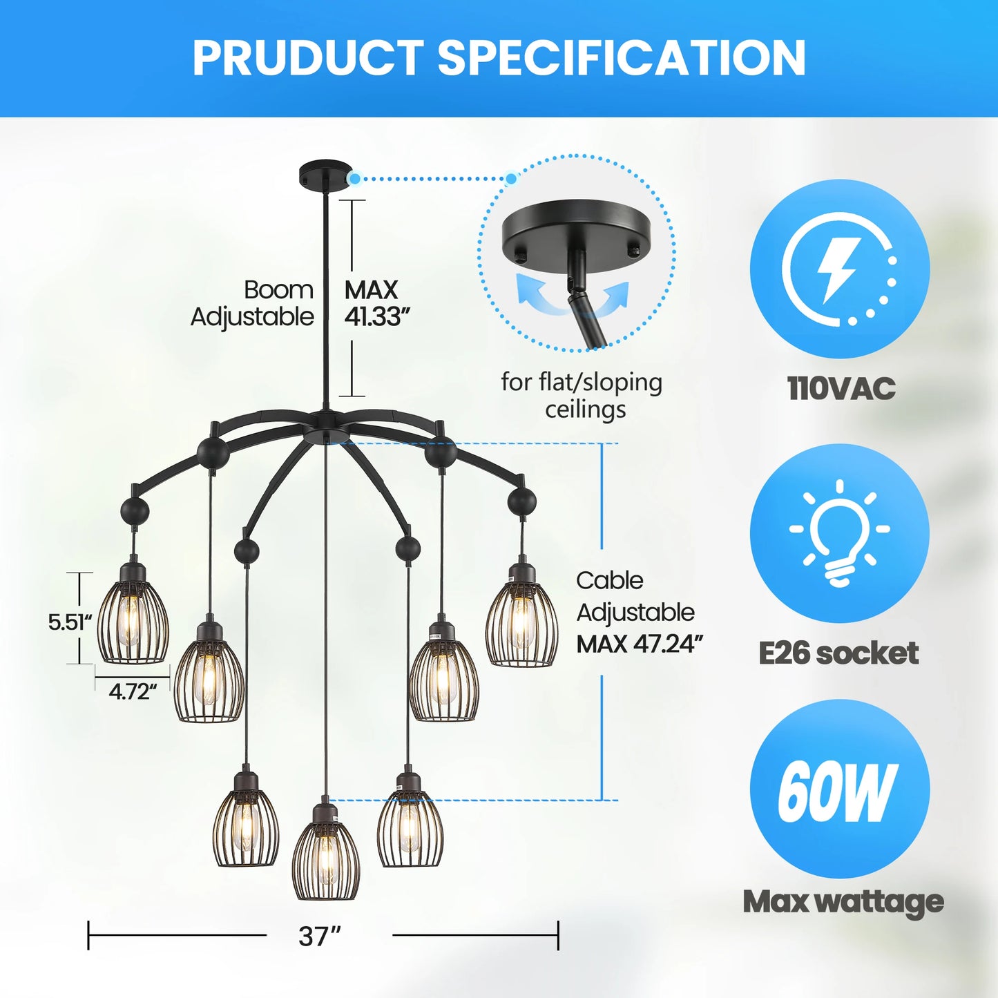 Modern Contemporary Lighting Industrial Adjustable Farmhouse Chandelier Unique Metal Cage with Black Rope Pendant Light Fixture