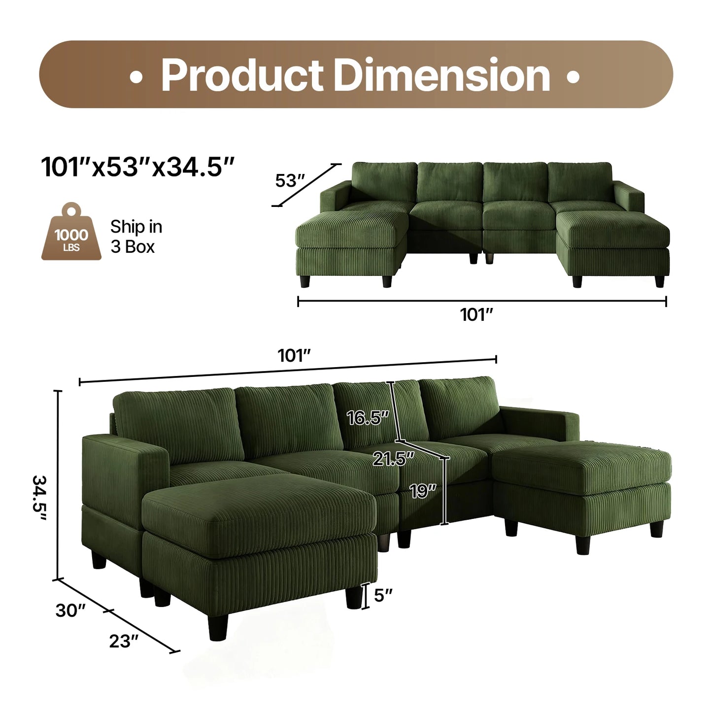 101 Inch Green Corduroy Sectional Sofa, U Shaped Sectional Sofa with 2Ottomans, 6 Seater Convertible Corduroy Sofa, Comfortable