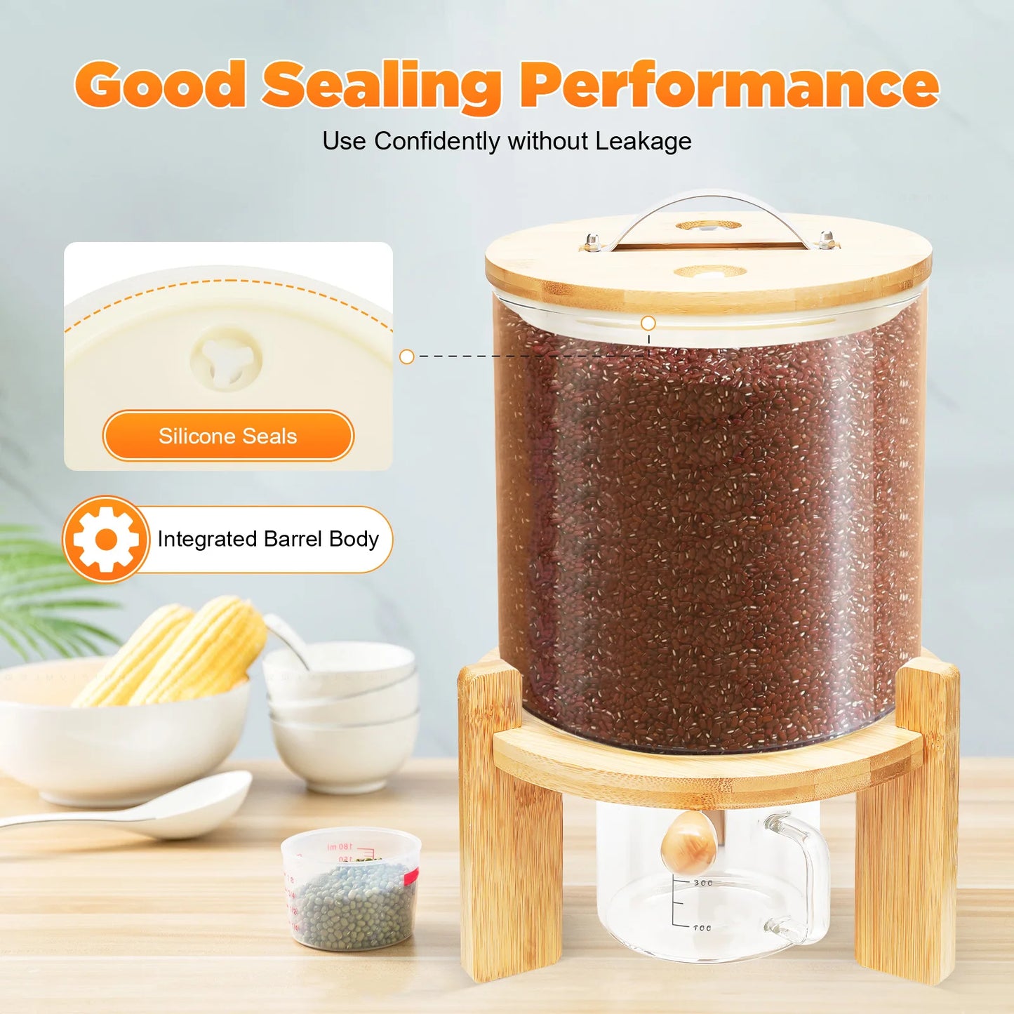 Airtight Glass Dry Food Storage Cereal Dispenser With Bamboo Lid