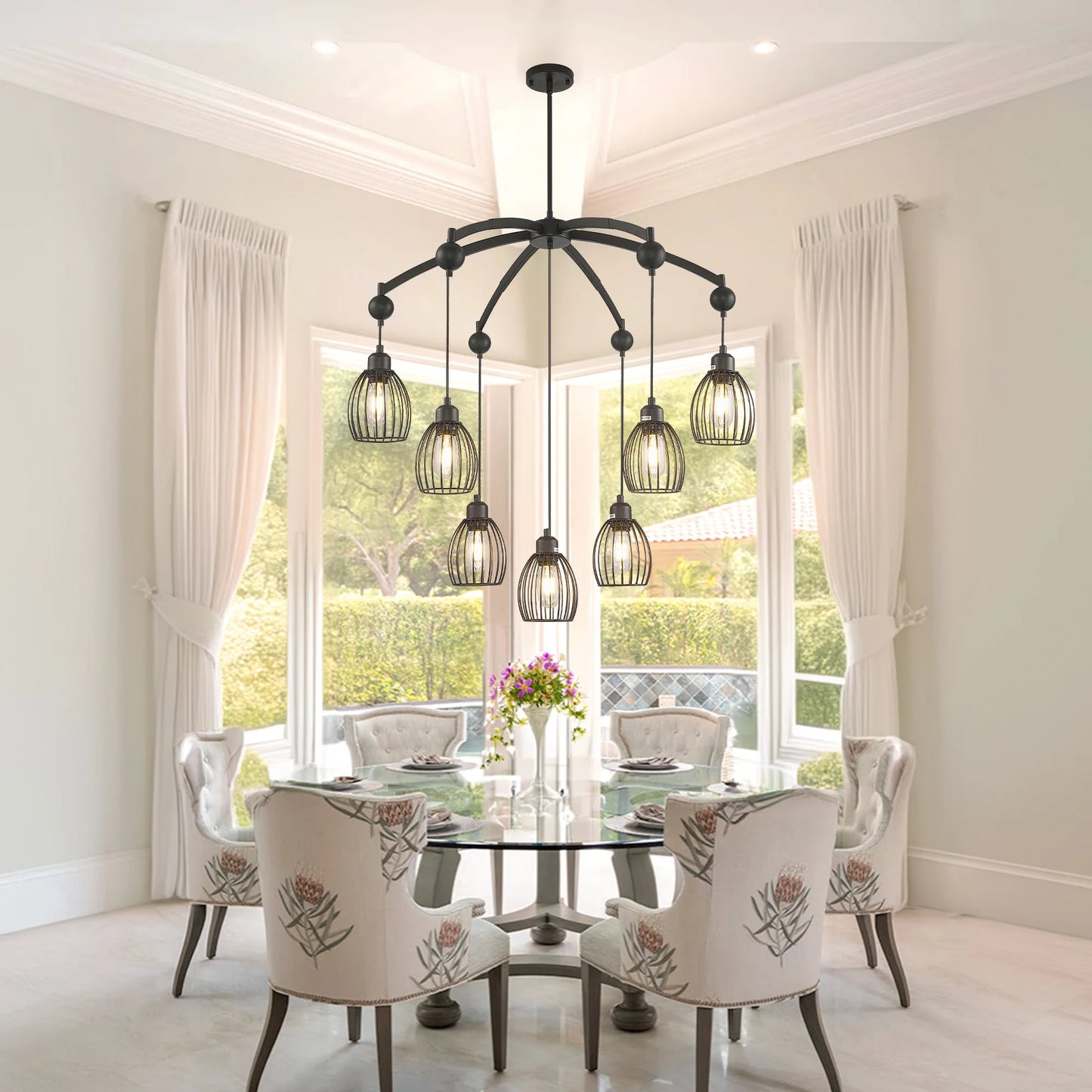 Modern Contemporary Lighting Industrial Adjustable Farmhouse Chandelier Unique Metal Cage with Black Rope Pendant Light Fixture