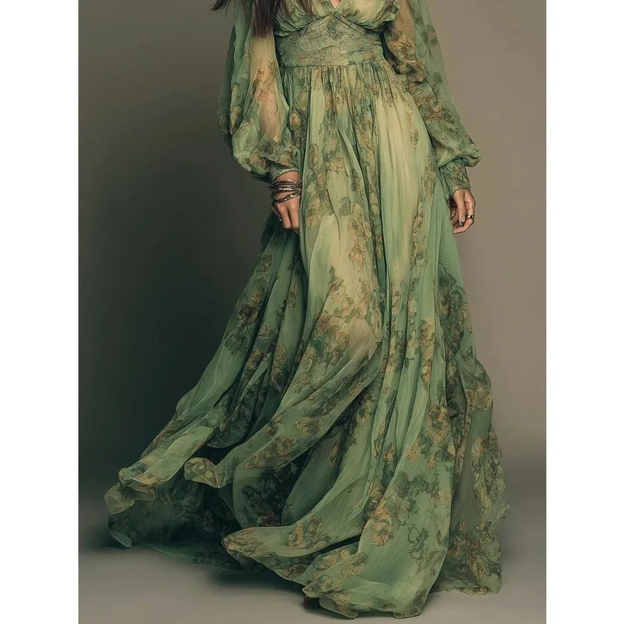 Pastoral Bohemian Print V-Neck Long Sleeve Dress