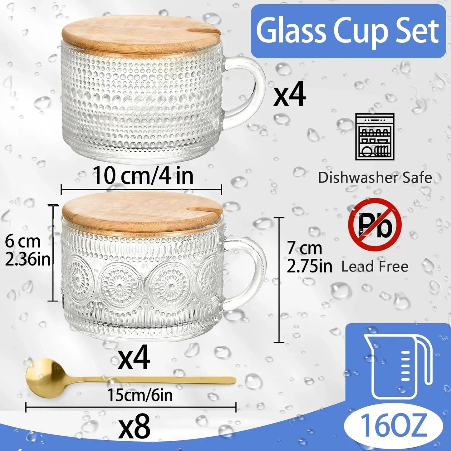Vintage Embossed Glass Coffee Mugs With Bamboo Lids And Spoons
