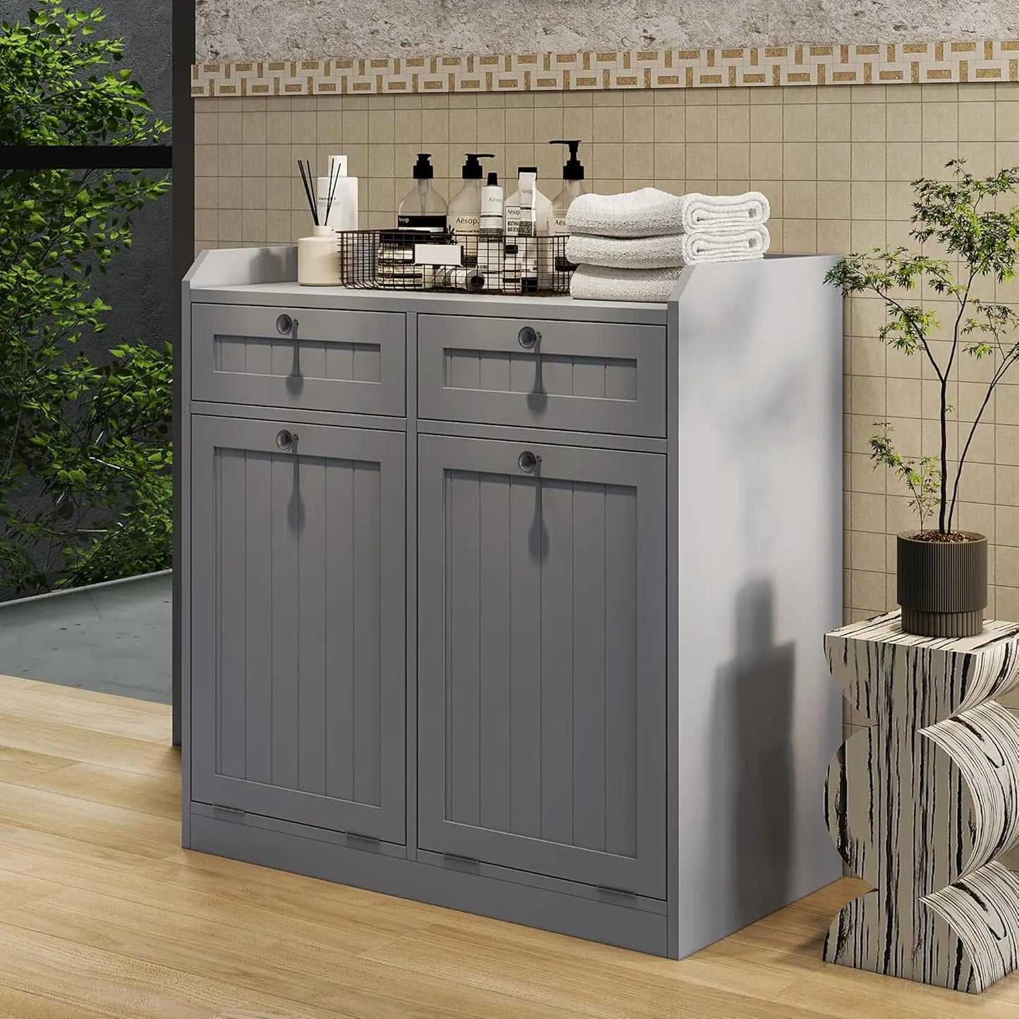 Wooden Double Tilt Out Trash Cabinet With Hidden Drawer